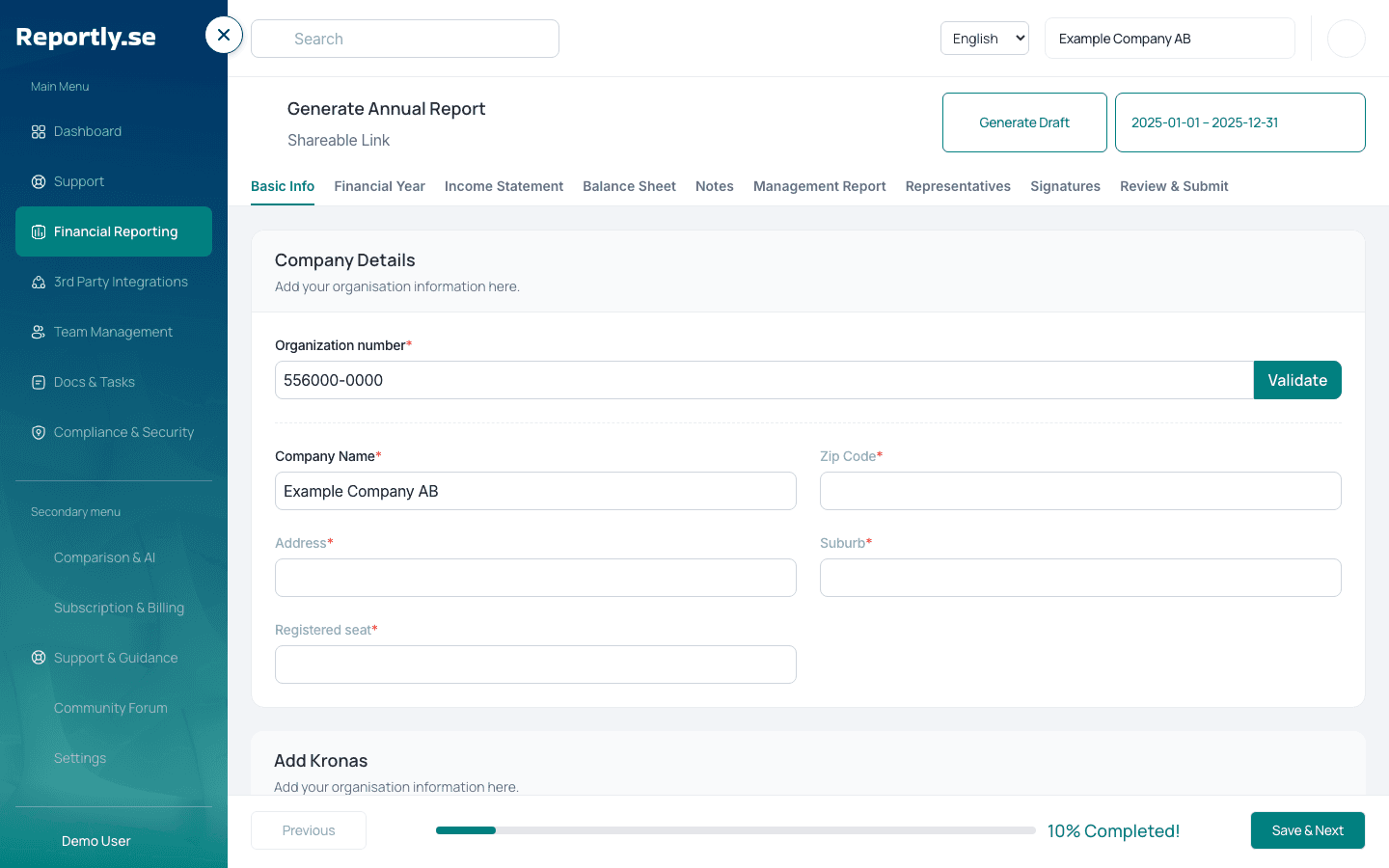 Reportly financial reporting preview with illustrative data